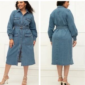 Eloquii Women's Cotton Denim Utility Midi Shirtdress in Blue Sz 14 Belted Waist
